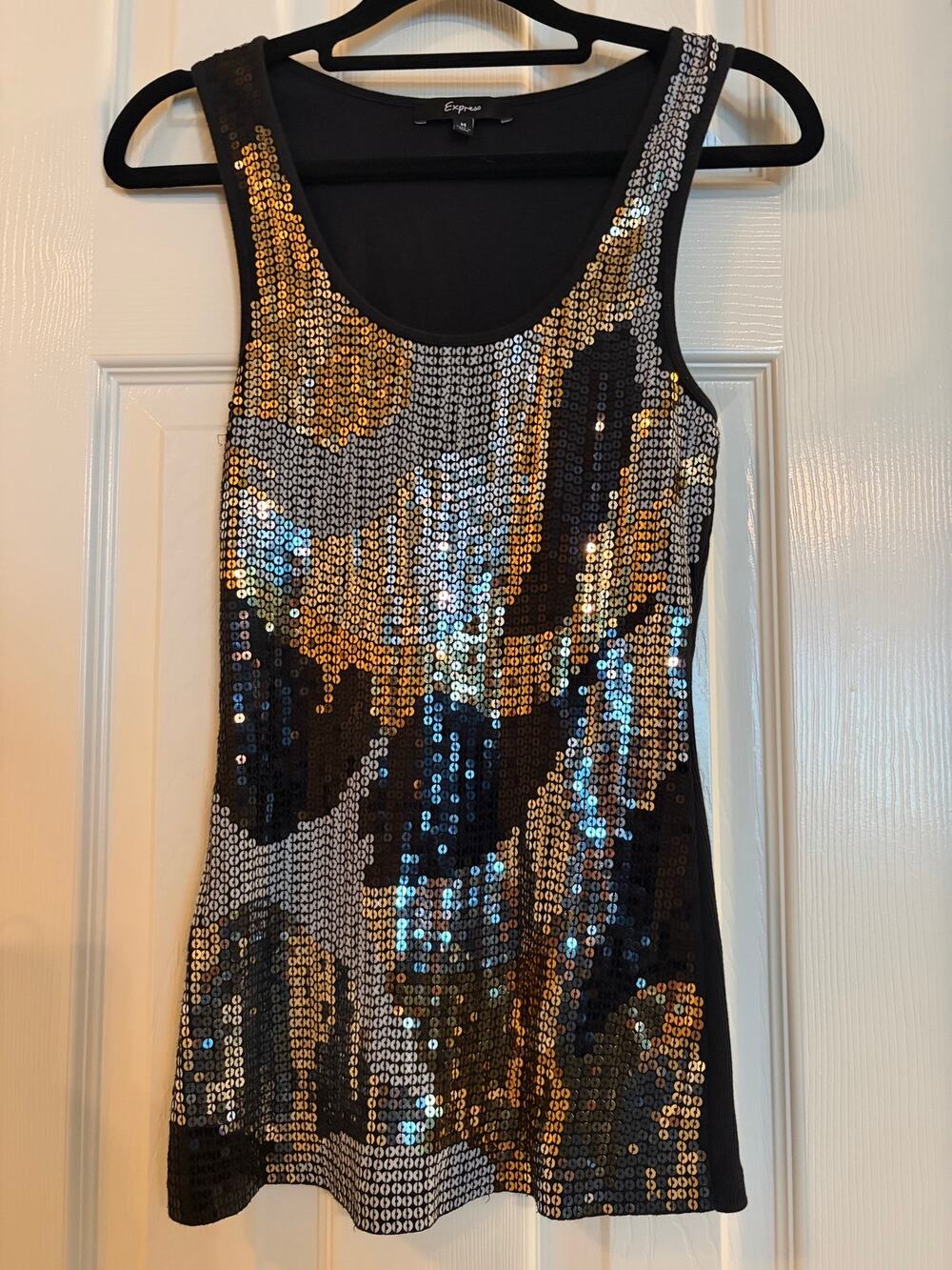 Express Women’s Medium Sequin Tank Top Black Gold Silver Party Going Out Y2K